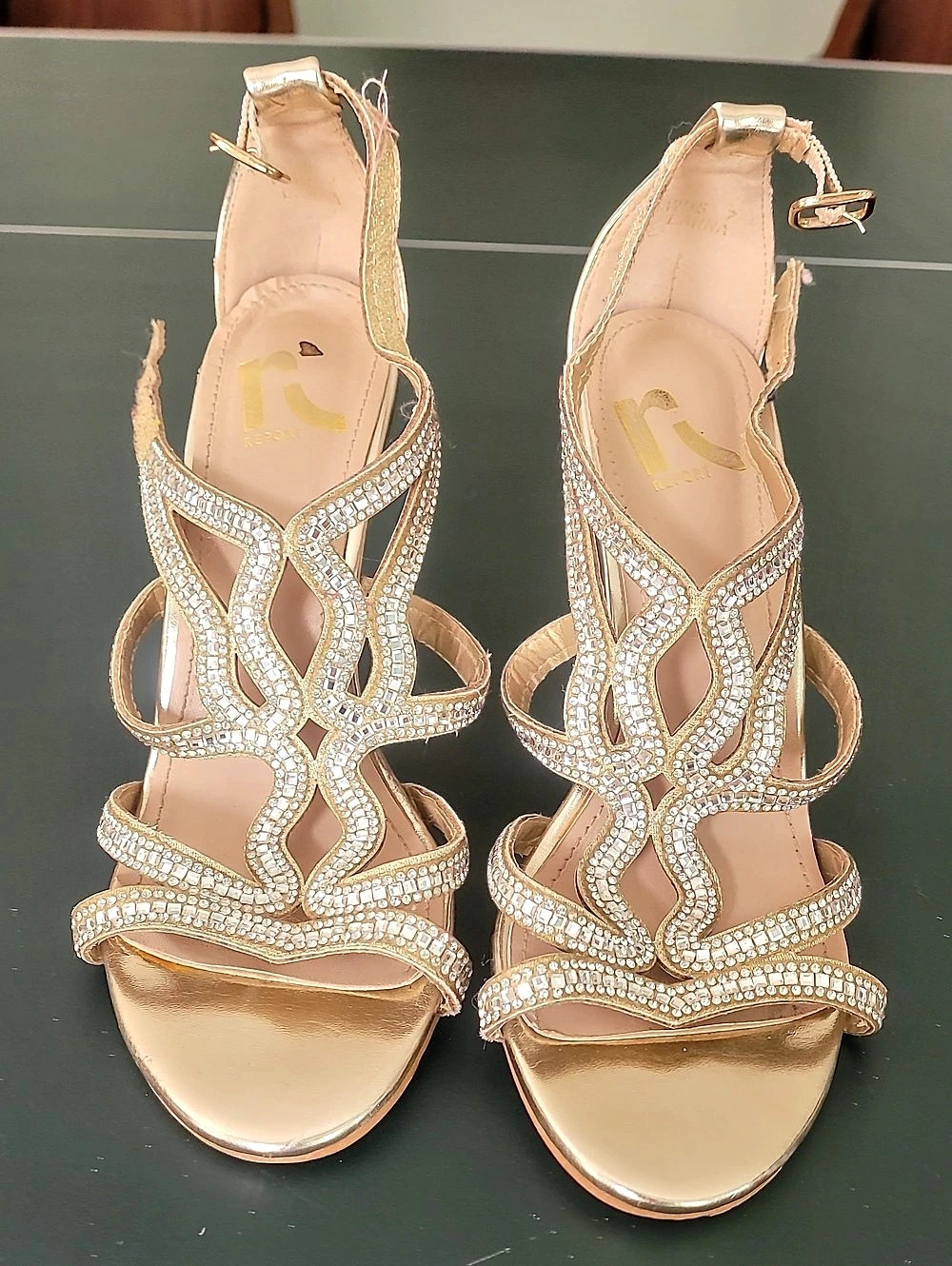 Rhinestone Strappy High Heels in Gold Size 7